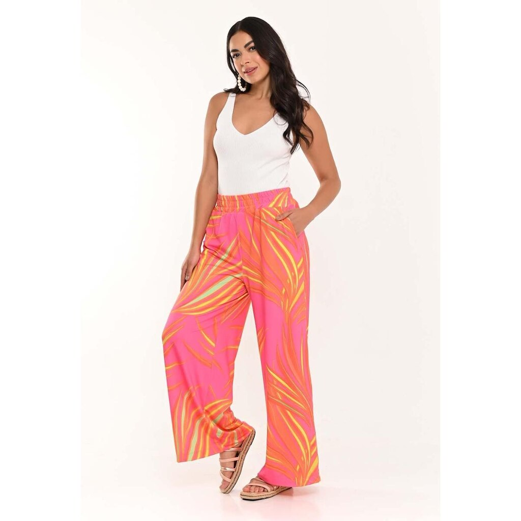 Calça Bisô Pantalona Folhagem Rosa