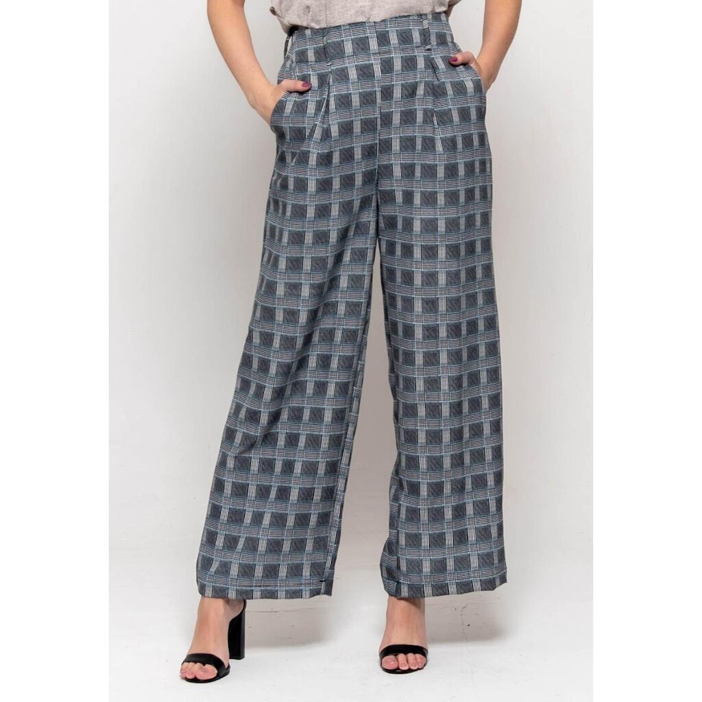 Calça Bisô Pantalona Xadrez Preta/ Azul - Azul - P