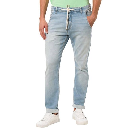 Calça Calvin Klein Jeans Masculina Stretch Cadarço Cós Off-White Tag Azul Clara - Azul Claro Menor preço em Calça Calvin Klein Jeans Masculina Stretch Cadarço Cós Off-White Tag Azul Clara - Azul Claro