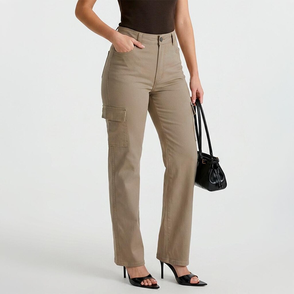 Calça Cargo Feminina Sarja Elastano Cintura Alta Bolsos Utilitários