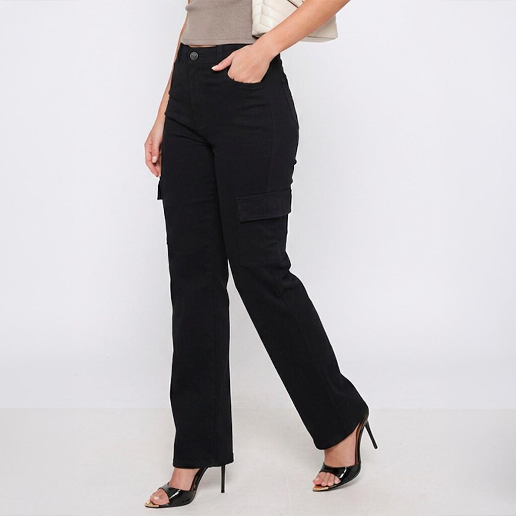 Calça Cargo Feminina Sarja Elastano Cintura Alta Bolsos Utilitários