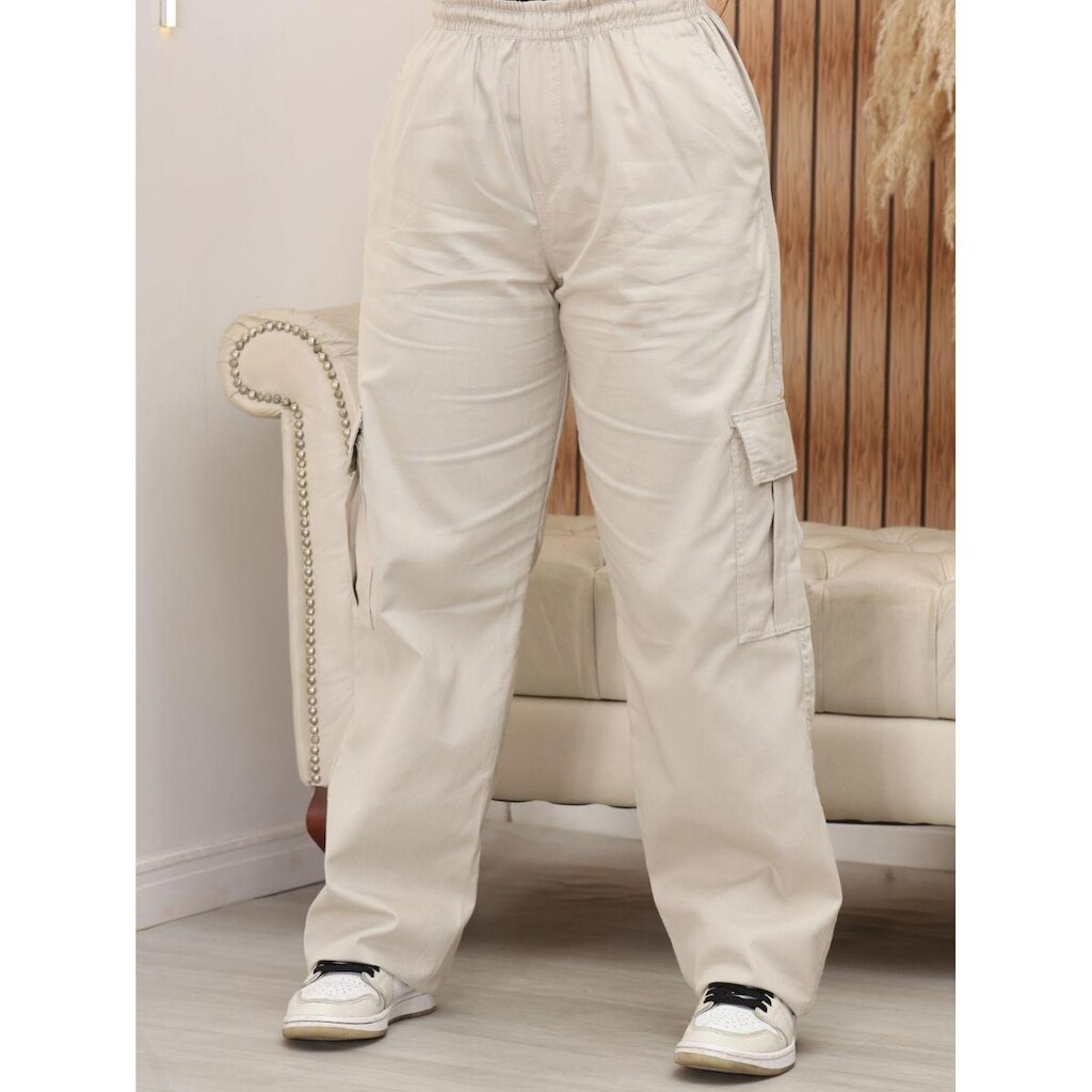 Calça Cargo Sarja Feminina Wide Leg com Elástico
