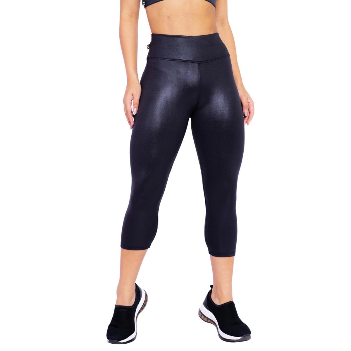 Calça Corsario Cirrê Brilho Molhado Couro Fake Cós Alto Conforto Total