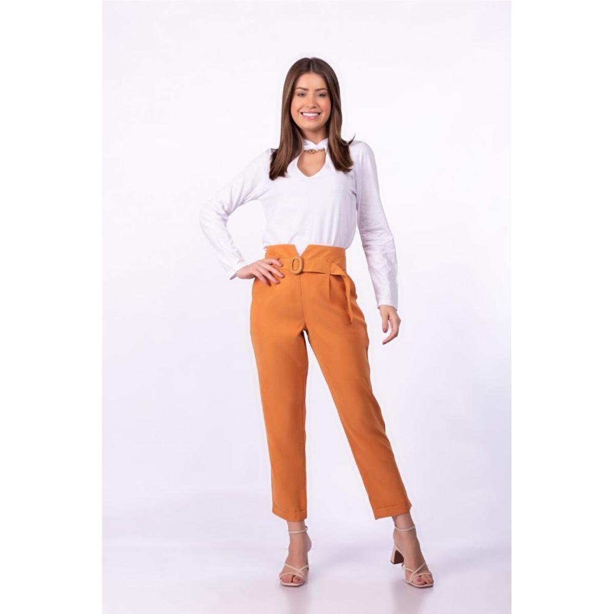 Calca cos alto com pregas e cinto - Mostarda | Netshoes