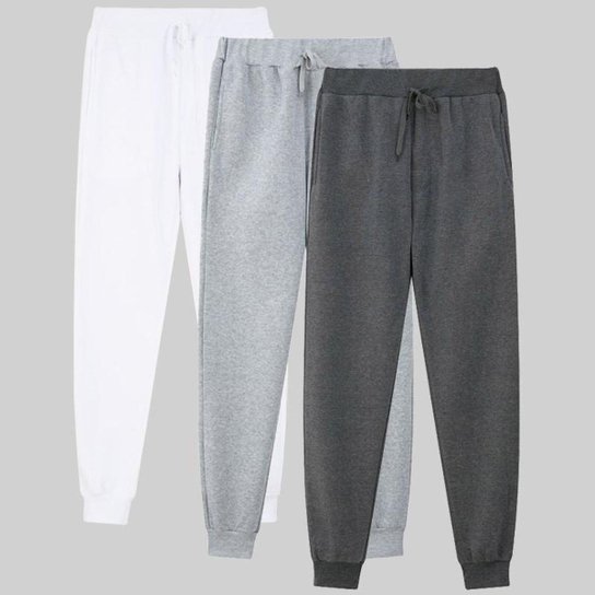 Calça de Moletom Masculina Kit 3 Peças Confex Lisa Com Bolso Flanelada - Branco Menor preço em Calça de Moletom Masculina Kit 3 Peças Confex Lisa Com Bolso Flanelada - Branco