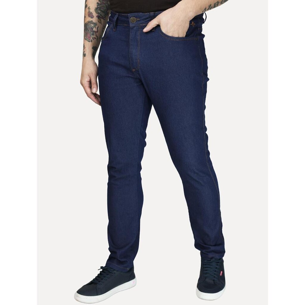 Calça Dudalina Jeans Slim Classica 5 Pockets Costura Clara Azul Escuro
