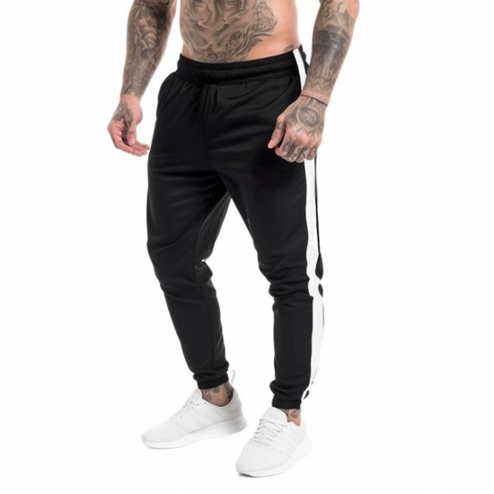 Calça Esportiva Preta com Listra Branca Plus Size com Elastano Academia Treino Corrida Grandes G4 - Preto Menor preço em Calça Esportiva Preta com Listra Branca Plus Size com Elastano Academia Treino Corrida Grandes G4 - Preto