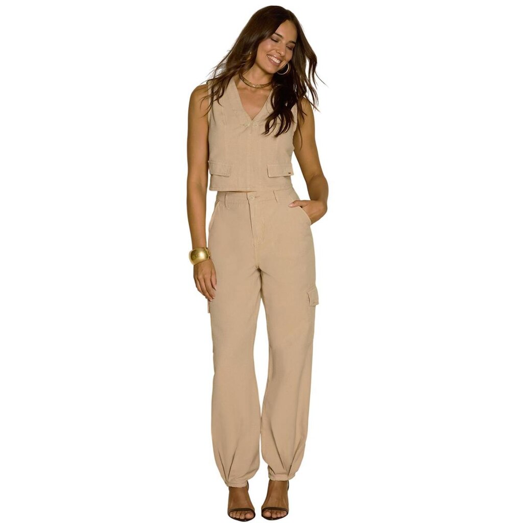 Calça Feminina Aladim Slim Lunender Em Sarja Bolso Cargo