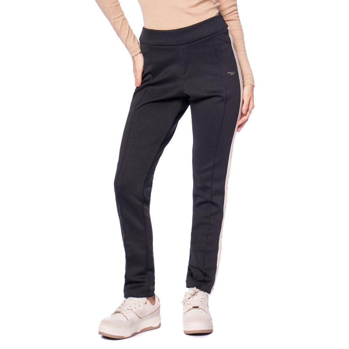 Calça Feminina Bruna e Bia Slim Faixa Lateral Preto/Bege