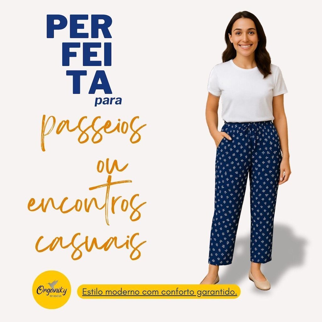 Calça Feminina Com Bolsos Na Frente Na Viscose Estampada