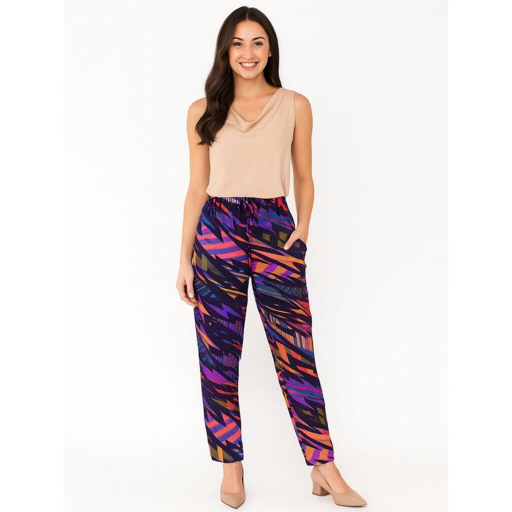 Calça Feminina Com Bolsos Na Frente Na Viscose Estampada