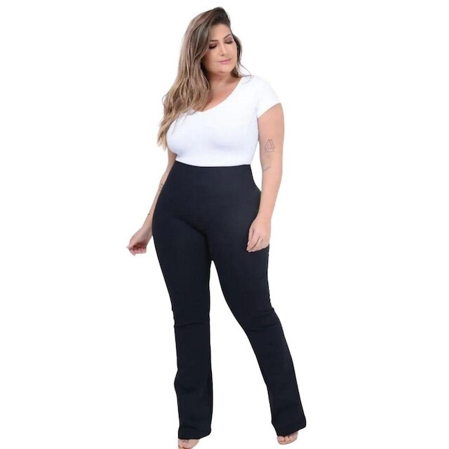 Calça Feminina Flare Plus Size Cintura Alta Poliamida