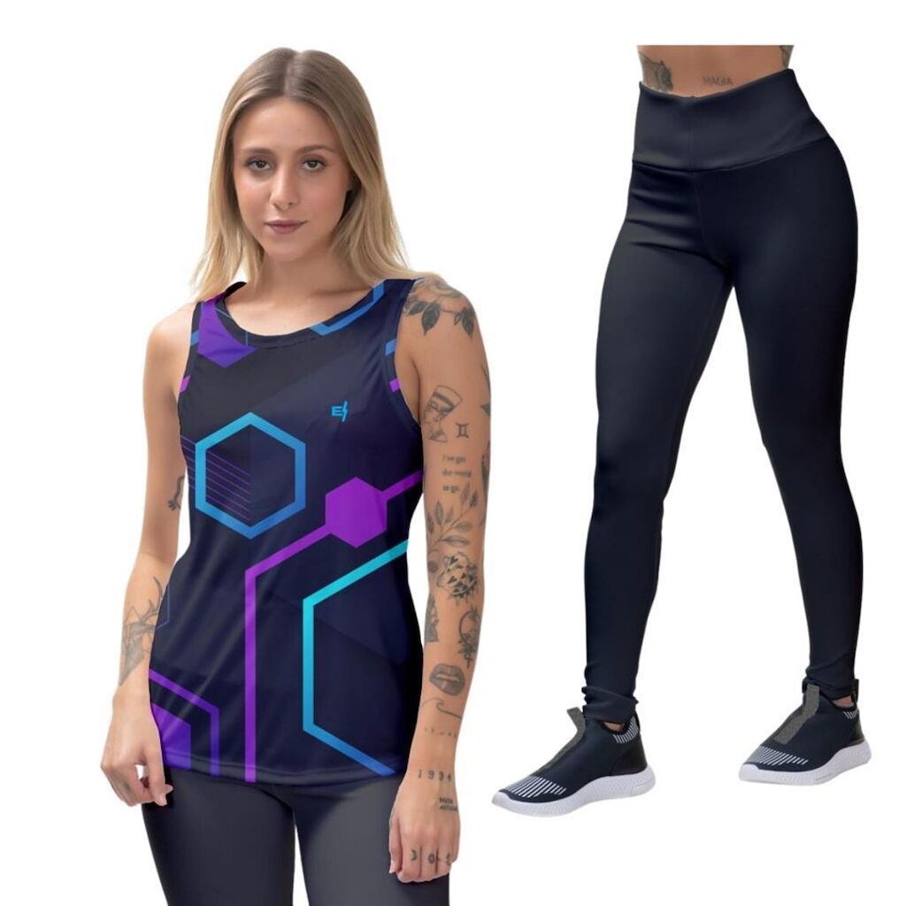 Calça Feminina Legging Blusa Cavada Pilates Dry Proteção UV50 Tecido