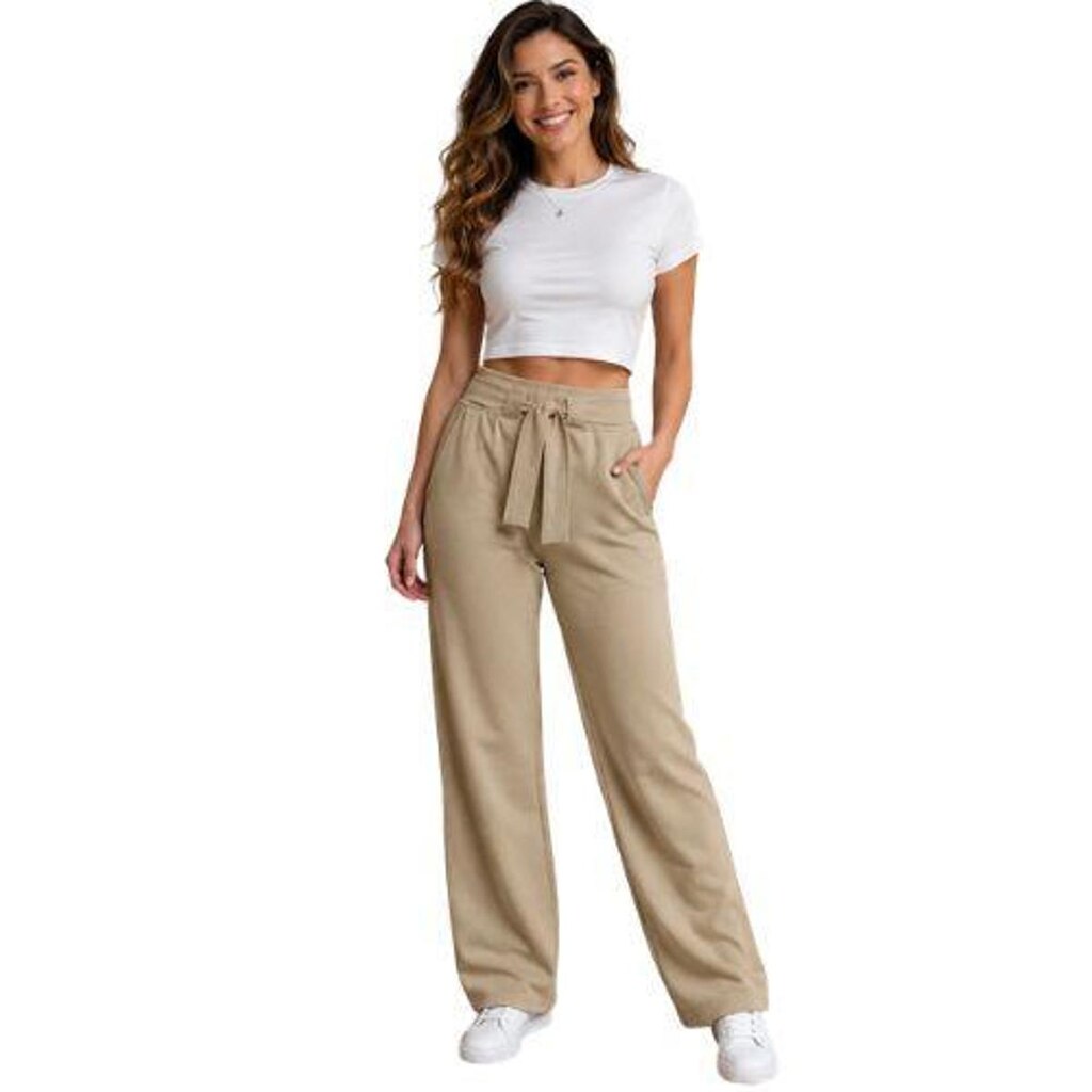 Calça Feminina Moletom Pantalona com Faixa e Bolsos Cereja Rosa