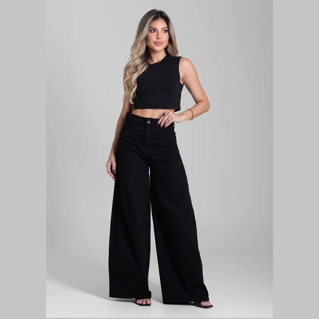 Calça Feminina Sarja Balloon Preto Cintura Alta Com Bolsos Sawary 283027
