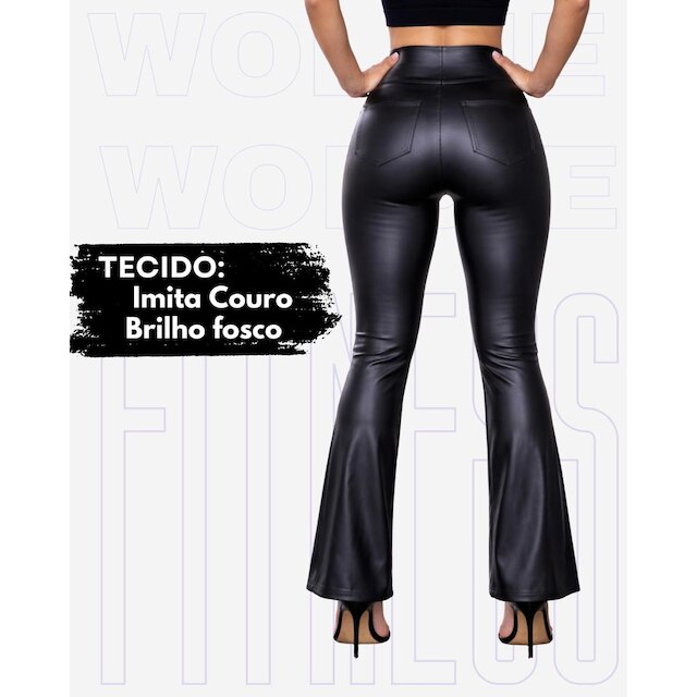 Calça Flare Bailarina Em Cirre Imita Couro Com Bolsos Elegante Casual WOLFOX