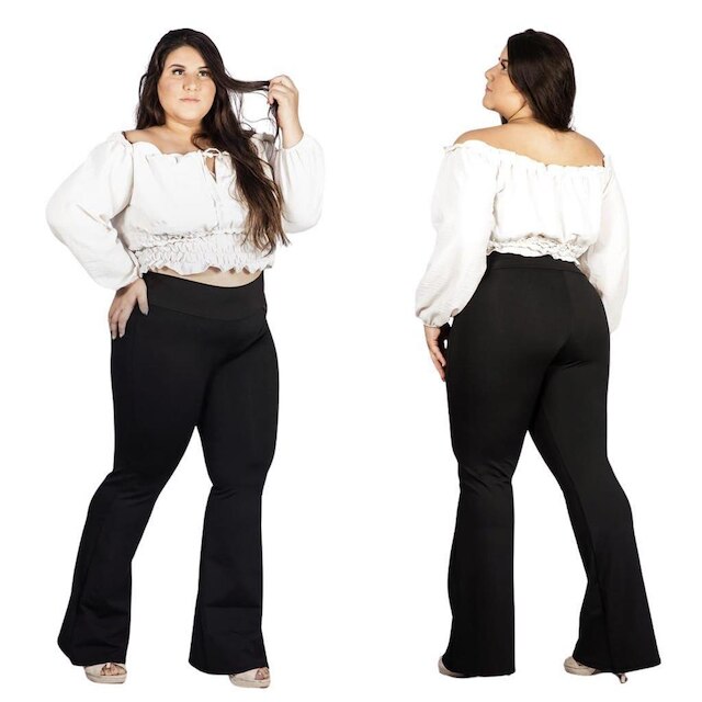 Calça Flare Bailarina Plus Size Cintura Alta Poliamida
