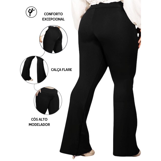 Calça Flare Bailarina Plus Size G1 G2 G3 G4 Cós Alta Em Suplex WOLFOX