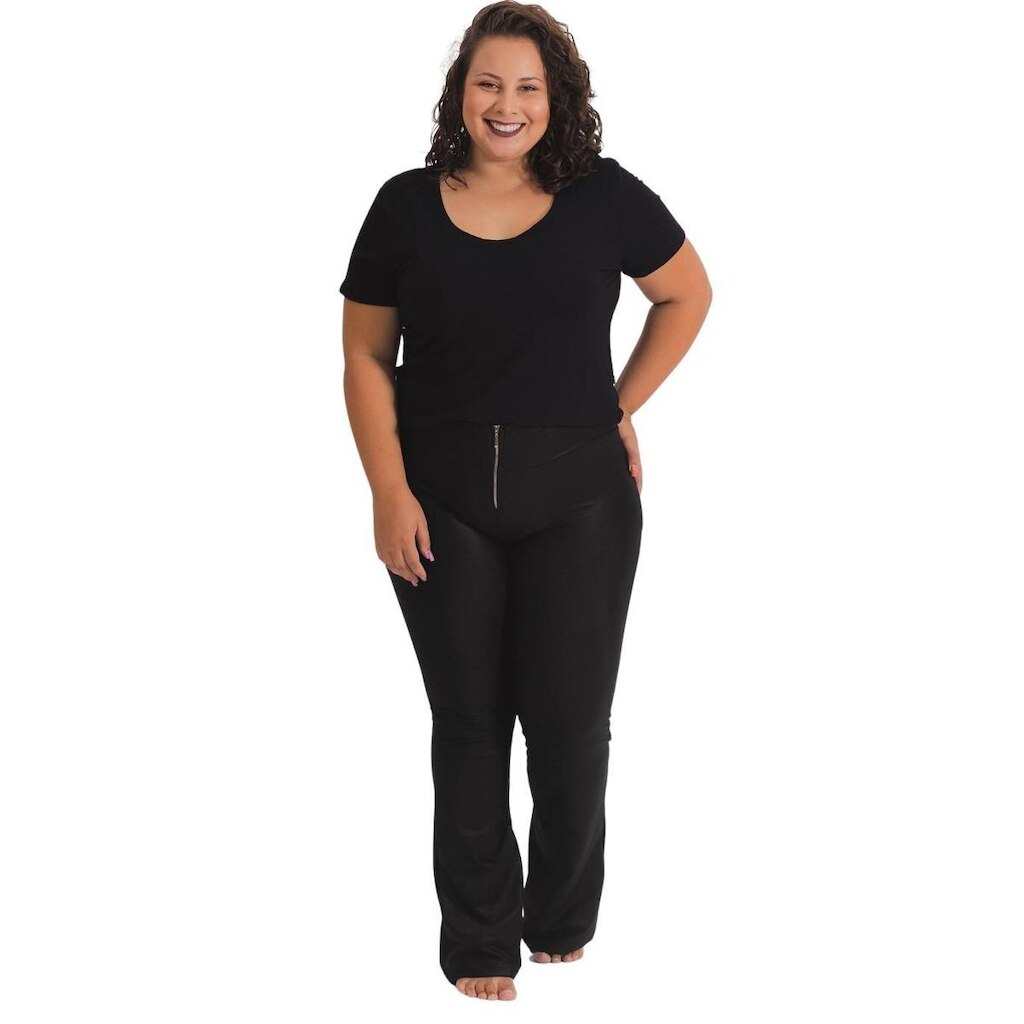 Calça Flare Com Zíper e Bolso Plus Size- Cirre Preto - G2