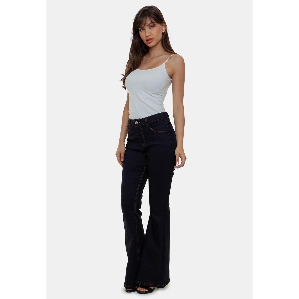 Calça Flare Jeans Premium Azul Escuro Feminina Versatti Espanha Menor preço em Calça Flare Jeans Premium Azul Escuro Feminina Versatti Espanha