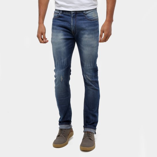 Calça Hd Jeans Slim Fit Estonada Masculina - Azul Menor preço em Calça Hd Jeans Slim Fit Estonada Masculina - Azul