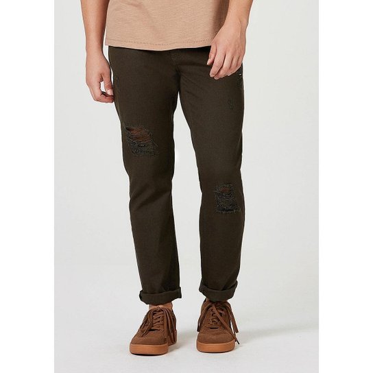 Calça Hering Sarja Slim Destroyed Masculina - Verde Menor preço em Calça Hering Sarja Slim Destroyed Masculina - Verde