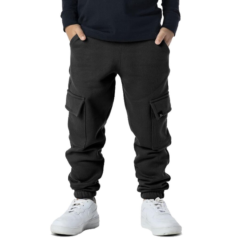 Calça Infantil Menino Moletom Cargo Inverno Lisa Preta