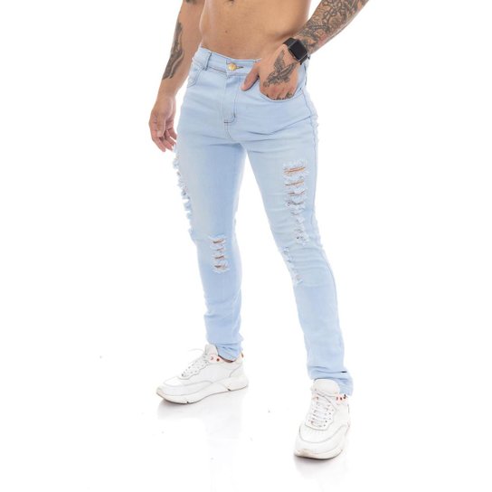 Calça Jeans Delavê Rasgada Masculino - Azul Claro Menor preço em Calça Jeans Delavê Rasgada Masculino - Azul Claro