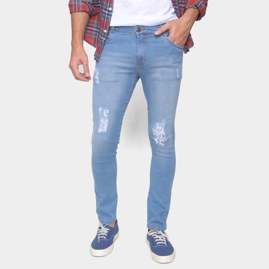 Calça Jeans Ecxo Skinny Rasgada Masculina - Azul Claro Menor preço em Calça Jeans Ecxo Skinny Rasgada Masculina - Azul Claro