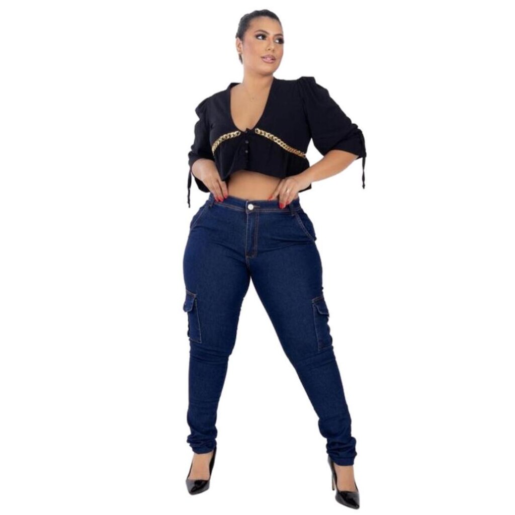 Calça Jeans Escura Cargo Plus Size Cintura Alta Com Bolsos