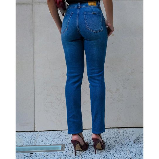 CALÇA JEANS ESCURA RETA FEMININA CINTURA ALTA COM CÓS LARGO