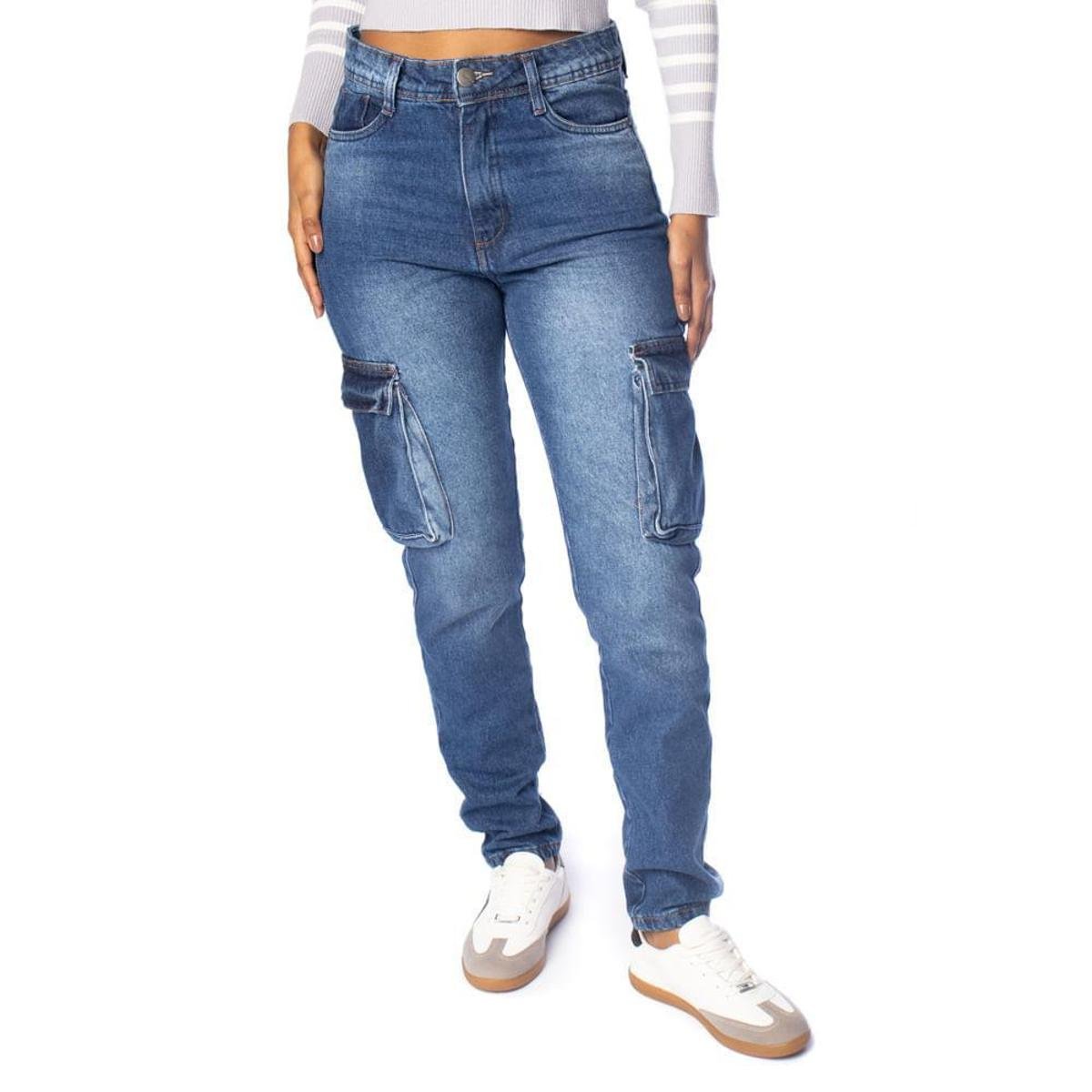 Calça Jeans Feminina Jezzian Cargo Azul Menor preço em Calça Jeans Feminina Jezzian Cargo Azul