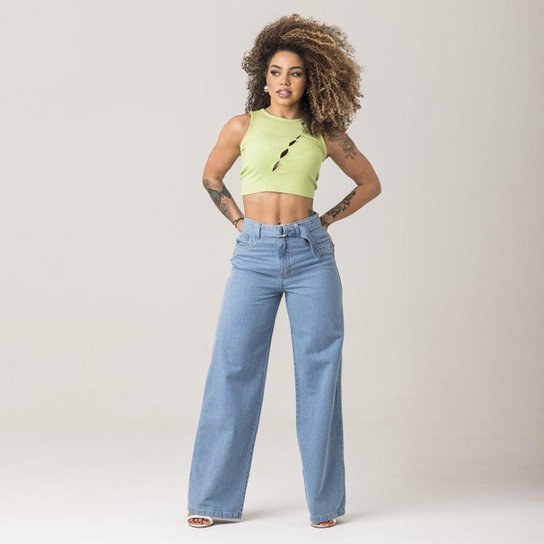 Calça Jeans Feminina Pantalona Boca Larga Cós Alto Zune Azul