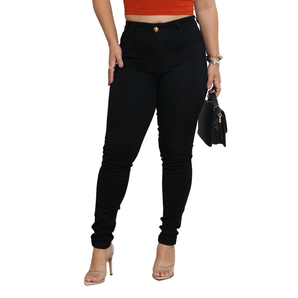 Calça Jeans Feminina Preta Skinny Com Lycra Elastano