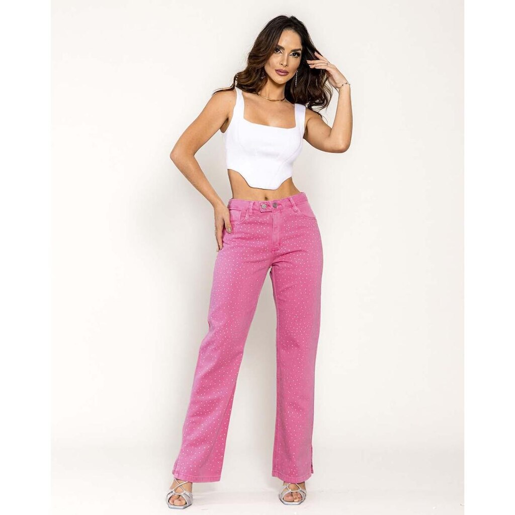 CALÇA JEANS FEMININA RETA COM CÓS TRANSPASSADO ROSA SHINE
