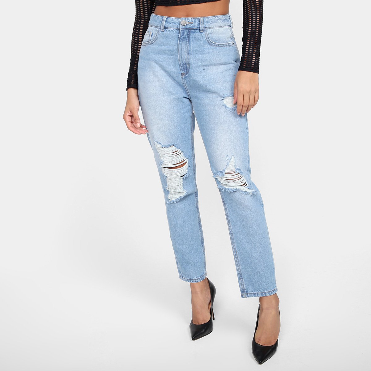 Calça Jeans Hering Mom Destroyed Feminina Menor preço em Calça Jeans Hering Mom Destroyed Feminina