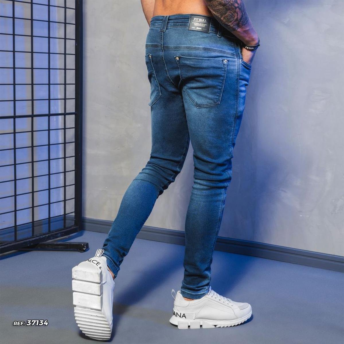 Calça Jeans Masculina Pit bull Reta Cós Médio Moda Casual Azul