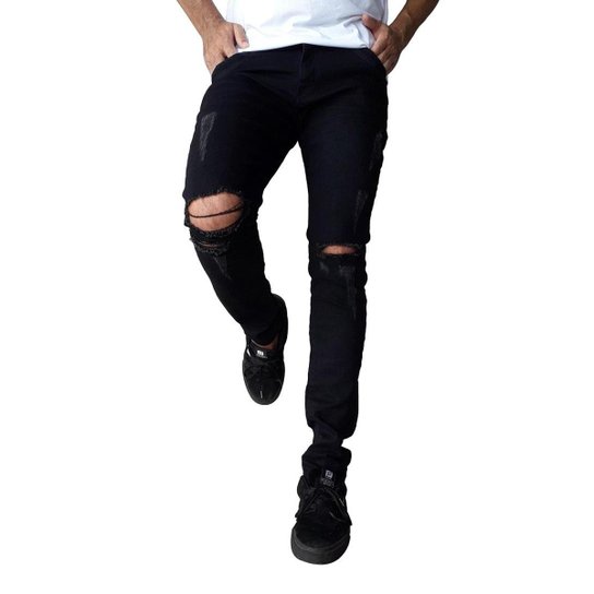 Calça Jeans Masculina Rasgada Preta Skinny Rota 77 - Preto Menor preço em Calça Jeans Masculina Rasgada Preta Skinny Rota 77 - Preto