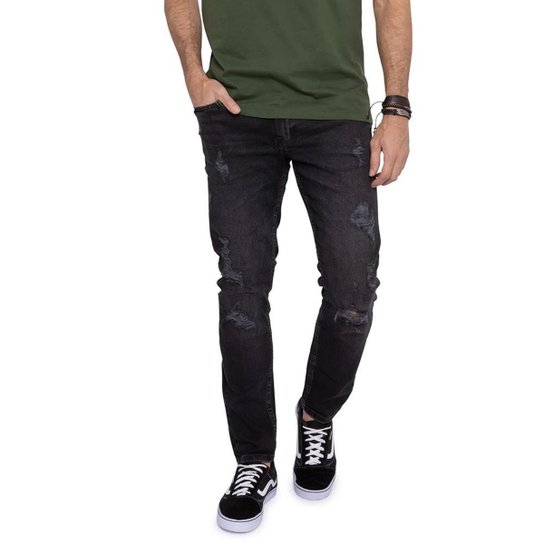 Calça Jeans Masculina Skinny Destroyed Preto - Preto Menor preço em Calça Jeans Masculina Skinny Destroyed Preto - Preto