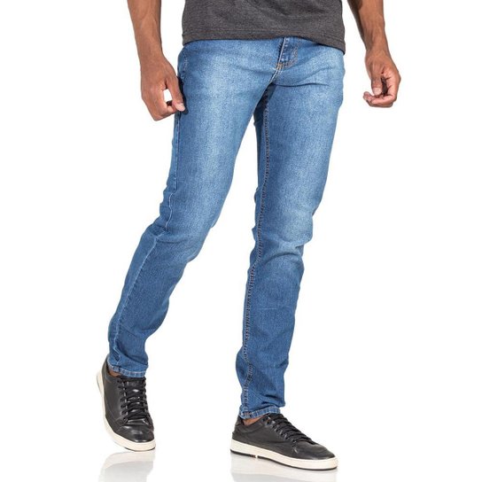 Calça Jeans Masculina Slim Justa Com Bolsos Elastano - Azul Menor preço em Calça Jeans Masculina Slim Justa Com Bolsos Elastano - Azul