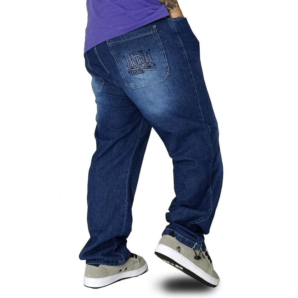Calça Jeans Refen Escuro Bordado Hip Hop