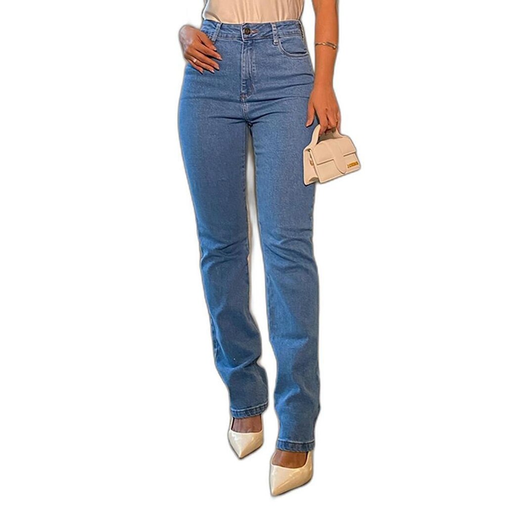 CALÇA JEANS RETA FEMININA CINTURA ALTA COM ELASTANO 24000