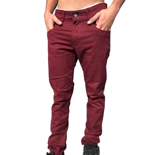 Calça Jeans Sarja Masculina Skinny Colorida Elastano - Marsala Menor preço em Calça Jeans Sarja Masculina Skinny Colorida Elastano - Marsala