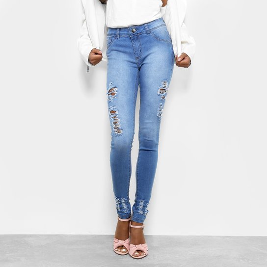 Calça Jeans Skinny Coffee Rasgos Cintura Alta Feminina - Azul
