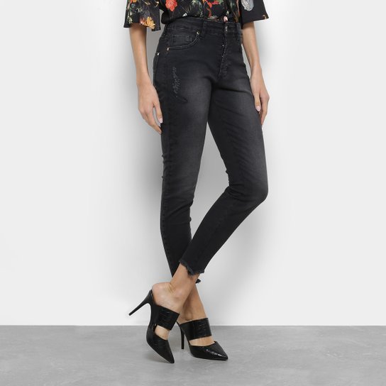 Calça Jeans Skinny Cropped Forum Bordada Feminina - Azul Claro+Preto