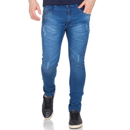 Calça Jeans Slim Masculina Elástano Com Bolsos Casual - Azul Menor preço em Calça Jeans Slim Masculina Elástano Com Bolsos Casual - Azul