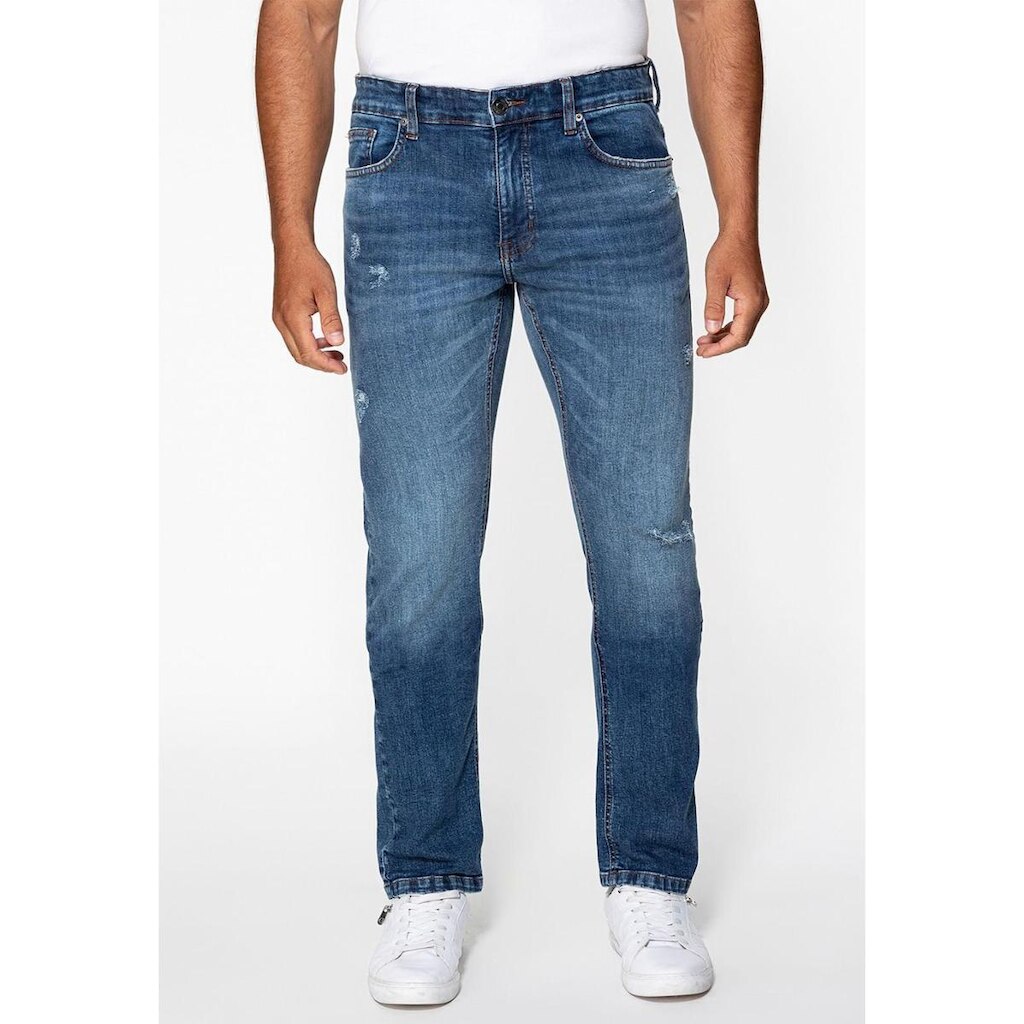 Calça Jeans Slim Straight Puídos Azul