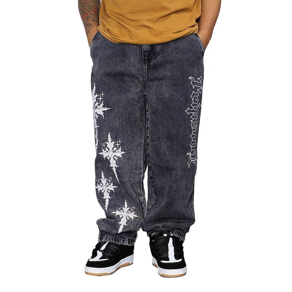 Calça Jeans Trip Side Baggy Bordado Gothic Cross Preto C047