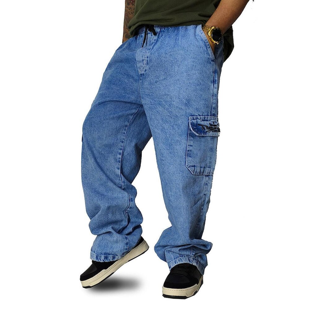 Calça Jeans Trip Side Cargo Azul Lavado Pixo Bordado C046
