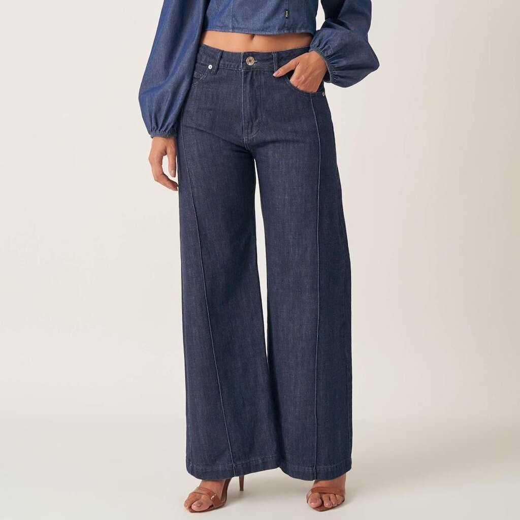 Calça Jeans Wide Cintura Alta Nervura